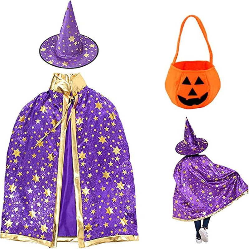 Halloween Costume Wizard Cape Witch Cloak with Hat and Pumpkin Candy Bag, Performance Cosplay Costum | Amazon (US)
