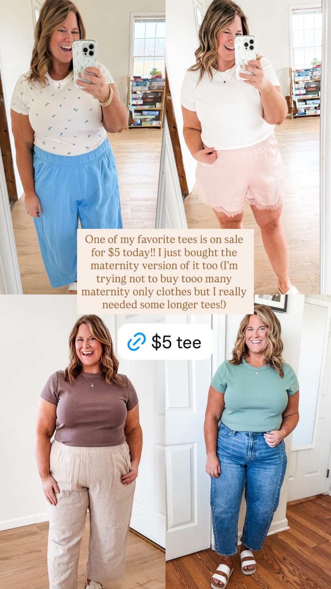 One of my favorite tees is on sale for $5 today!! I just bought the maternity version of it too (I’m trying not to buy tooo many maternity only clothes but I really needed some longer tees!)