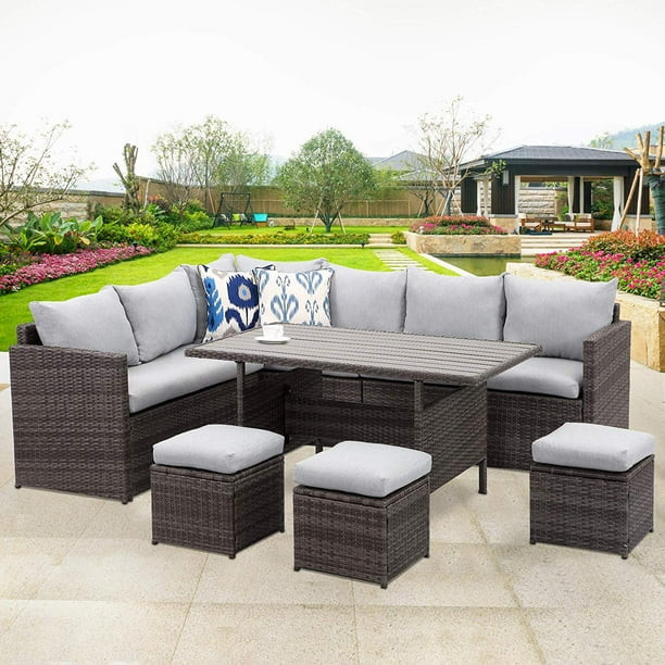 7 Piece Outdoor Conversation Set All Weather Wicker Sectional Sofa Couch Dining Table Chair with ... | Walmart (US)