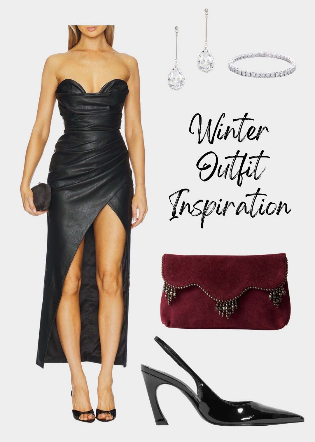 Faux leather dress, black dress, burgundy clutch, burgundy bag, rhinestone earrings, tennis bracelet, rhinestone bracelet, black heels, pointed toe heels, strapless black dress, leather dress, black midi dress, black leather dress

#LTKootd #LTKSeasonal #LTKTravel