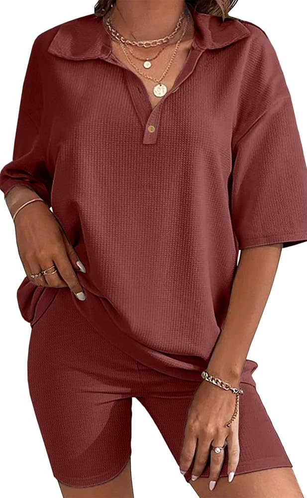 Ekouaer Pajamas 2 Piece Lounge Sets Waffle Knit Matching Outfits Oversized Shirt Loungewear Sweat... | Amazon (US)