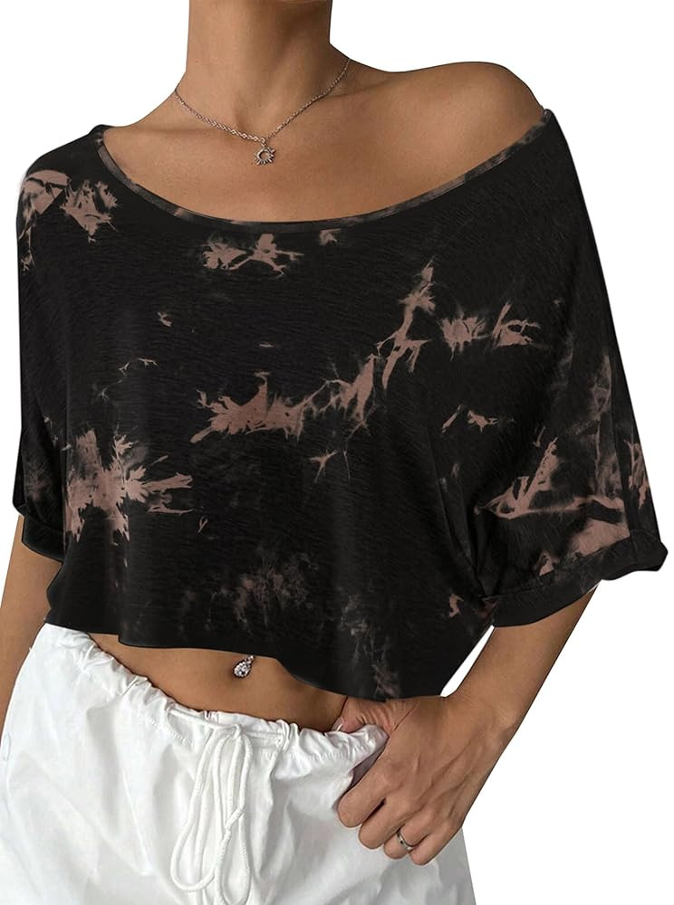 Remidoo Womens Off The Shoulder Short Sleeve Crop Top Asymmetrical Neck Loose Tshirt | Amazon (US)