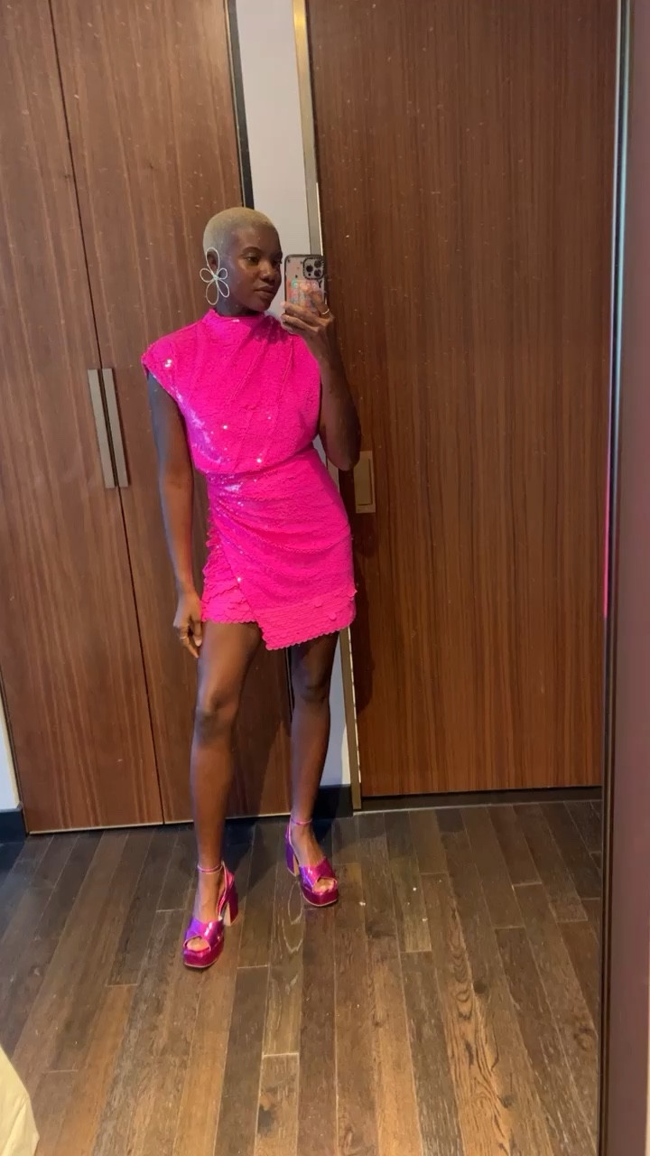 The perfect holiday and New Year dress! Hot pink sequins mini dress with ruching at the neck and waist, hot pink platform heels with crinkle fabric and gold oversized flower earrings  

#LTKparties #LTKCon #LTKVideo