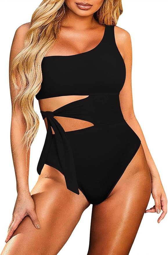 Viottiset Women's One Shoulder Cut Out Tie Waist One Piece Swimsuit Cheeky High Cut Bathing Suit | Amazon (US)