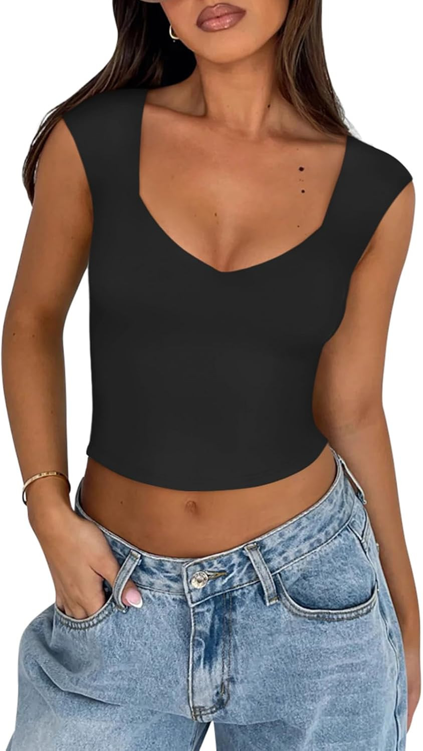 REORIA Women's Sexy Casual V Neck Double Lined Sleeveless Slimming Going Out Crop Tank Top | Amazon (US)