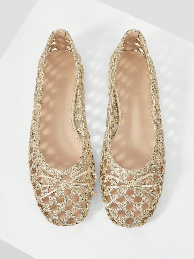 MOTF PREMIUM WOMEN'S WOVEN BOW HOLLOW-OUT GOLD FLATS | SHEIN