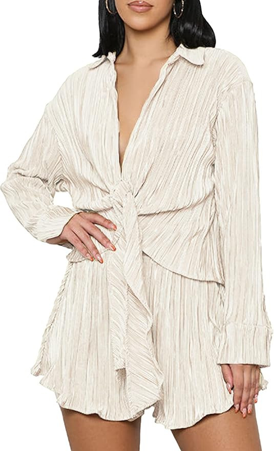 Women's 2 Pieces Outfits Pleated Deep V Neck Tie Front Long Sleeve Blouse with Shorts | Amazon (US)