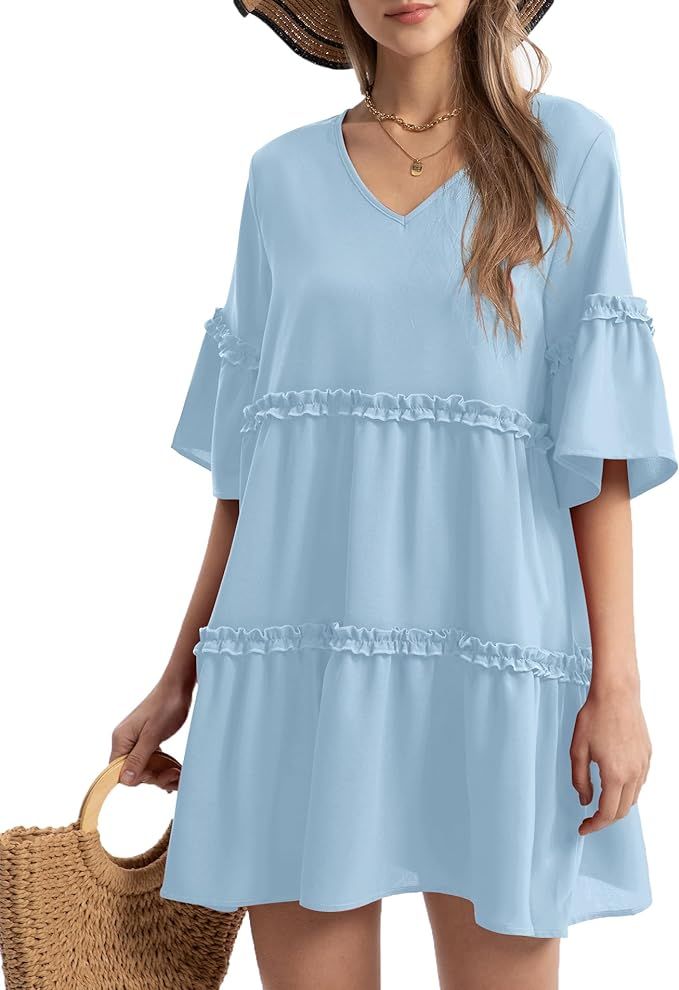 Funlingo Women's Summer Dresses Flowy Tunic Mini Dress Short Sleeve V Neck Swing Dress Casual Kne... | Amazon (US)
