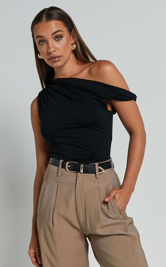 Jialeen Top - Off Shoulder Twist Asymmetrical Sleeve Top in Black | Showpo (US, UK & Europe)
