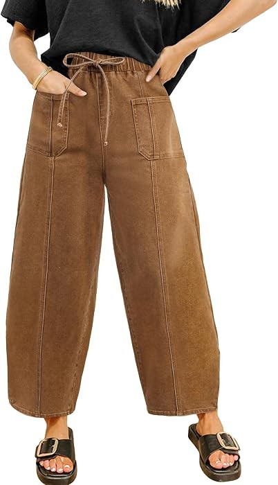 Sidefeel Womens Barrel Jeans Drawstring Baggy Denim Pants | Amazon (US)