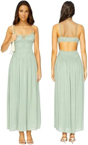 Women Smocked Maxi Dress Spaghetti Strap Open Back Summer Vacation Boho Dresses Flowy Long Beach ... | Amazon (US)