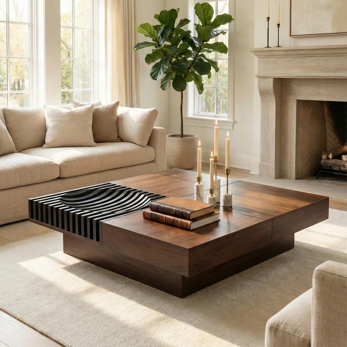 Pre-Assembly 39.4” Mid Century Square Wood Coffee Table with Large Storage  Walnut Finish and S... | Wayfair North America