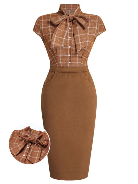 Brown 1960s Plaid Patchwork Pencil Dress | Retro Stage