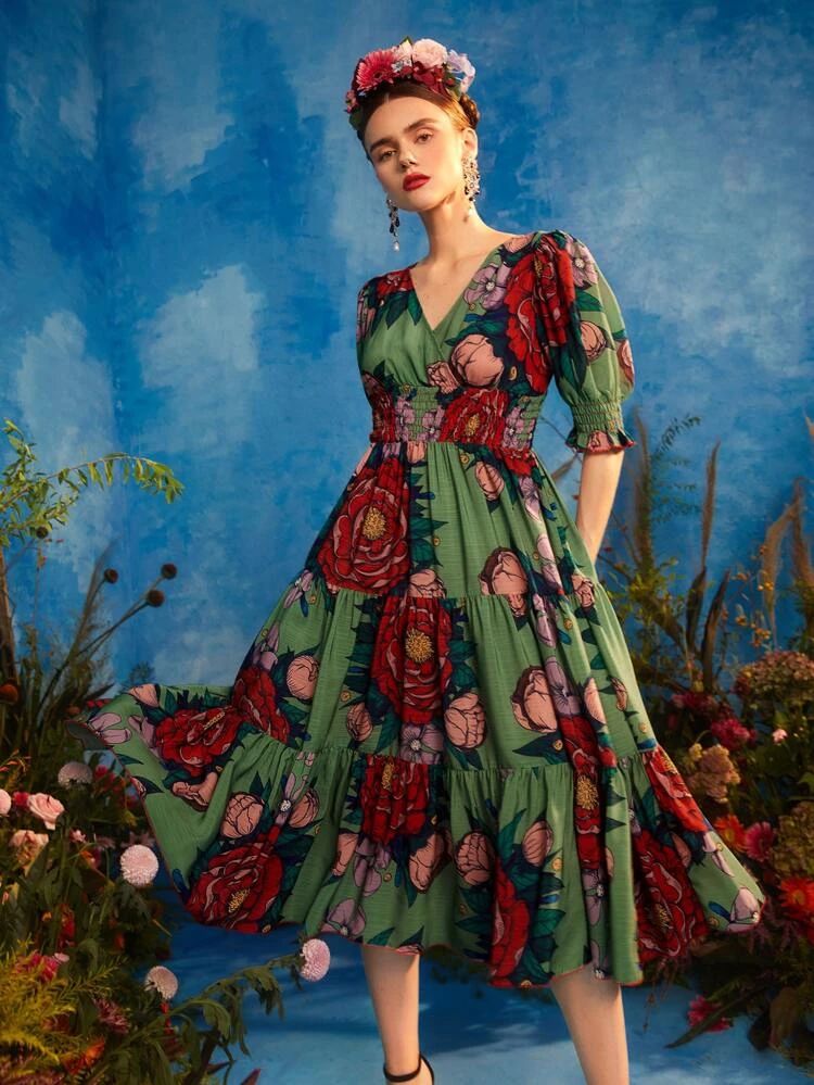 Frida Kahlo X SHEIN X Designer Floral Print Puff Sleeve Layered Hem Dress | SHEIN