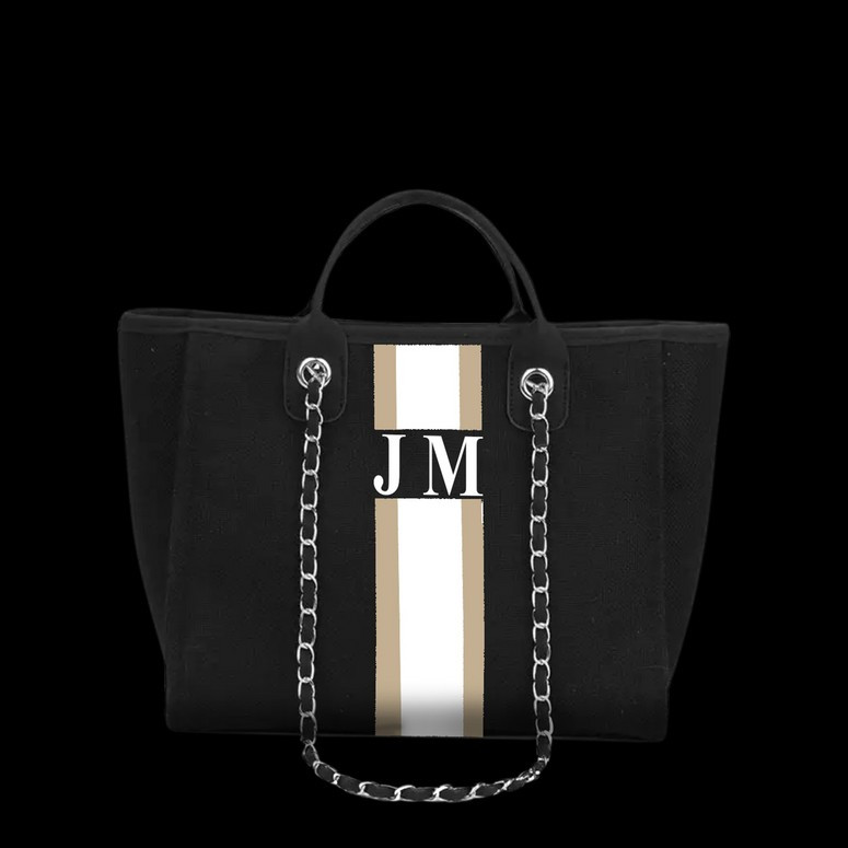 The Lily Canvas Tote Jet Black with Taupe and White Stripes | Lily and Bean
