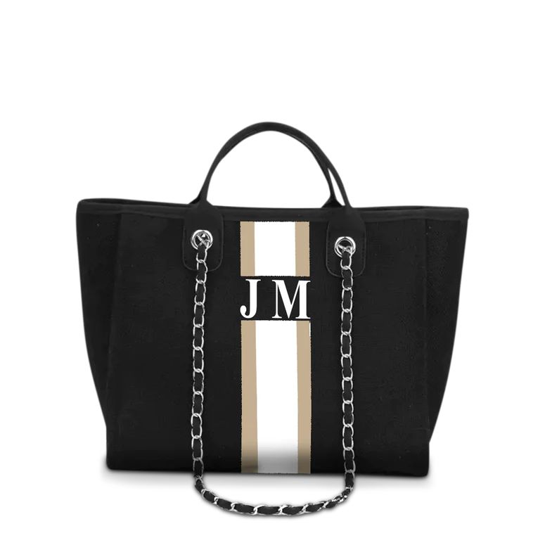 The Lily Canvas Tote Jet Black with Taupe and White Stripes | Lily and Bean