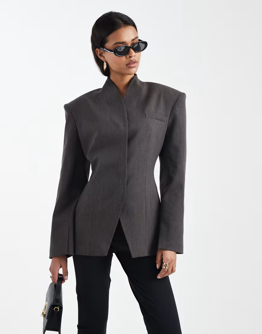 ASOS DESIGN high neck wrap blazer in dark chocolate melange-Brown | ASOS (Global)