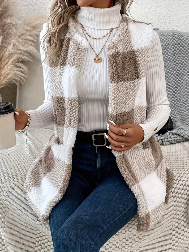 Plaid Crew Neck Teddy Vest Elegant Open Front Sleeveless - Temu | Temu Affiliate Program