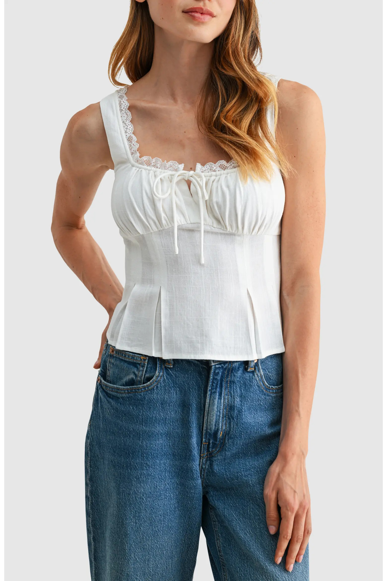 All in Favor Lace Trim Pleated Rayon and Linen Top (Women) | Nordstrom | Nordstrom