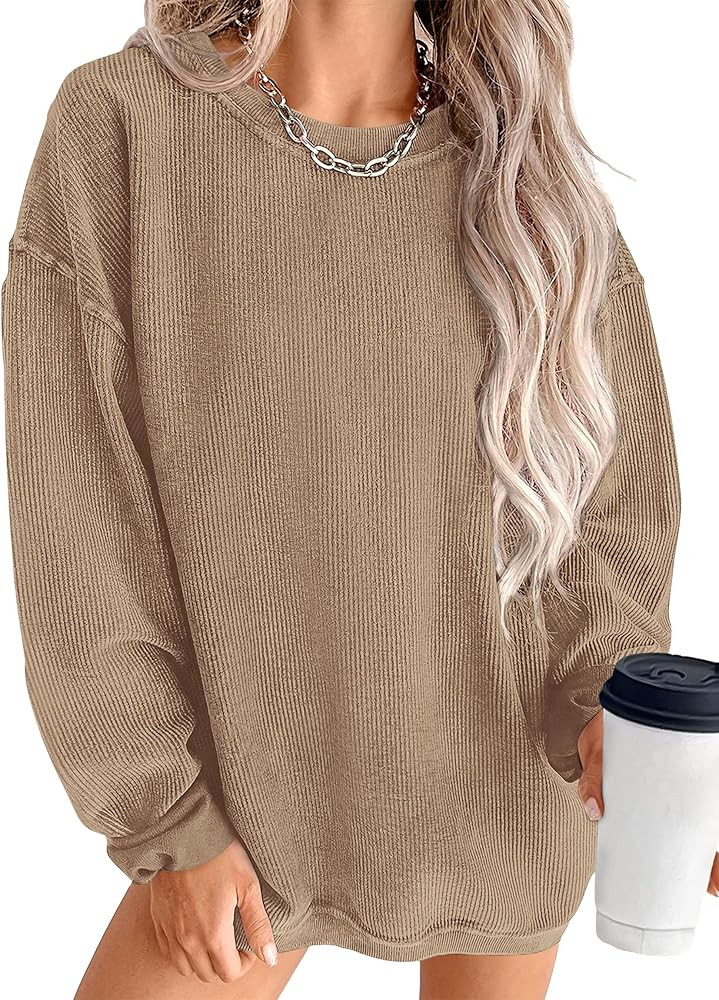 PRETTYGARDEN Women's Fall Oversized Sweatshirt Ribbed Corduroy Crewneck Long Sleeve Loose Fit Cas... | Amazon (US)