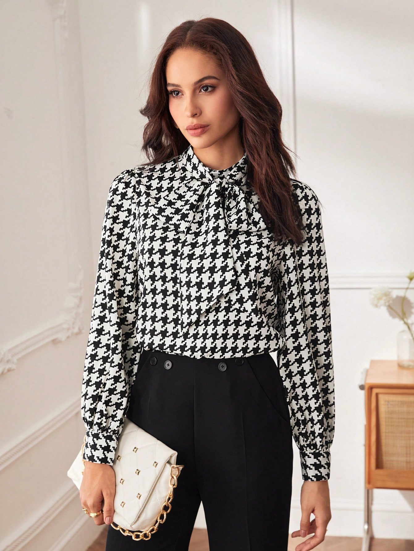 SHEIN BIZwear Houndstooth Print Tie Neck Blouse | SHEIN