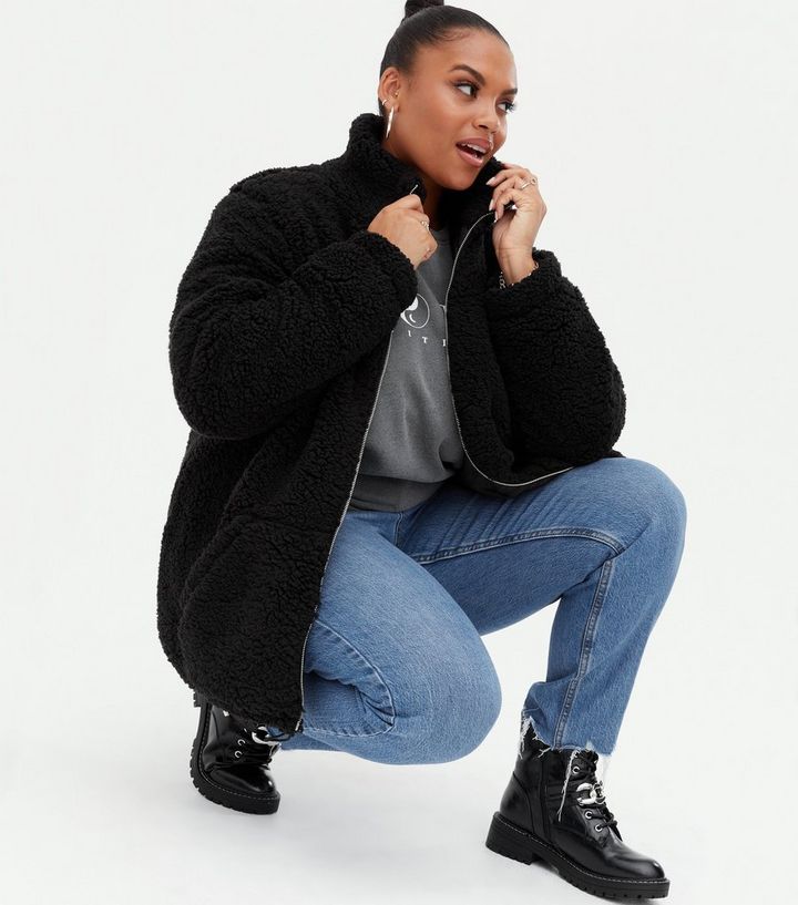 Curves Black Teddy Funnel Neck Jacket
						
						Add to Saved Items
						Remove from Saved Ite... | New Look (UK)