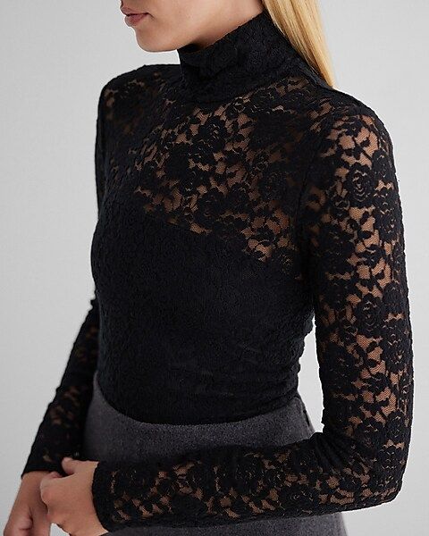 Lace Fitted Mock Neck Long Sleeve Tee | Express