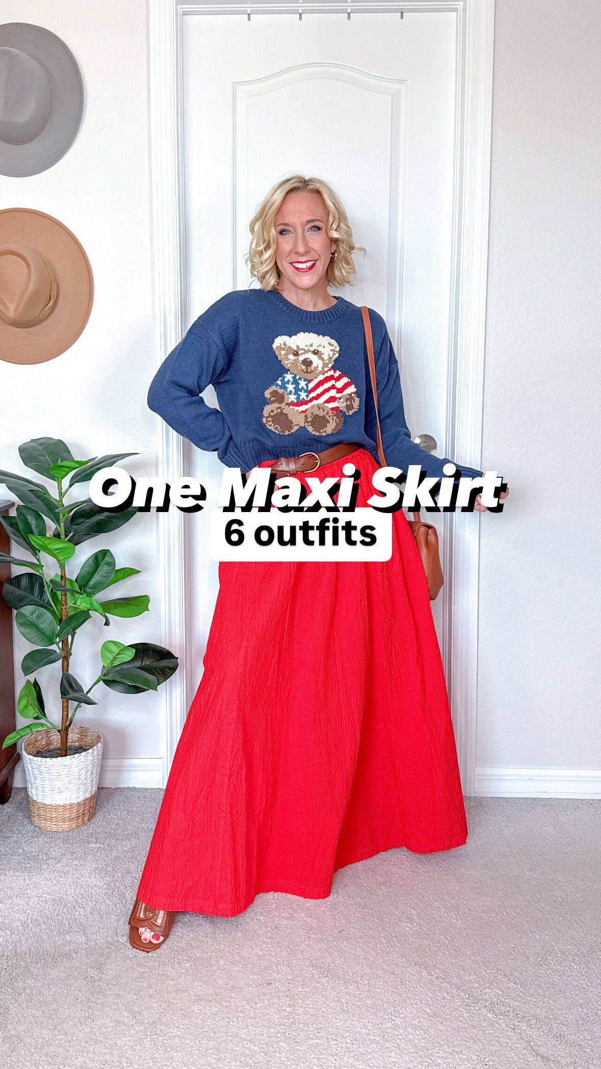 One red maxi skirt - 6 outfits:
• skirt - size small (I need a size XS - it’s just a bit too loose; so if in between sizes, size down).
1. Striped t-shirt - size small. 
• sandals - tts. 
2. Bear sweater - size medium. Cropped fit.
• belt - old (sorry!).
• sandals - tts. 
3. Satin button down - size small. 
• clear strap wedges - tts. 
4. Striped tank - size small. 
• sandals - tts. 
5. Denim vest - unfortunately, mine is sold out… but I’m linking one that I’ve bought and is in its way to me!
• mesh flats - tts  
6. Shell graphic t-shirt - size small. 
• sneakers - size up a 1/2. 

Memorial Day outfits. European summer outfits  

#LTKSaleAlert #LTKSeasonal #LTKFindsUnder50