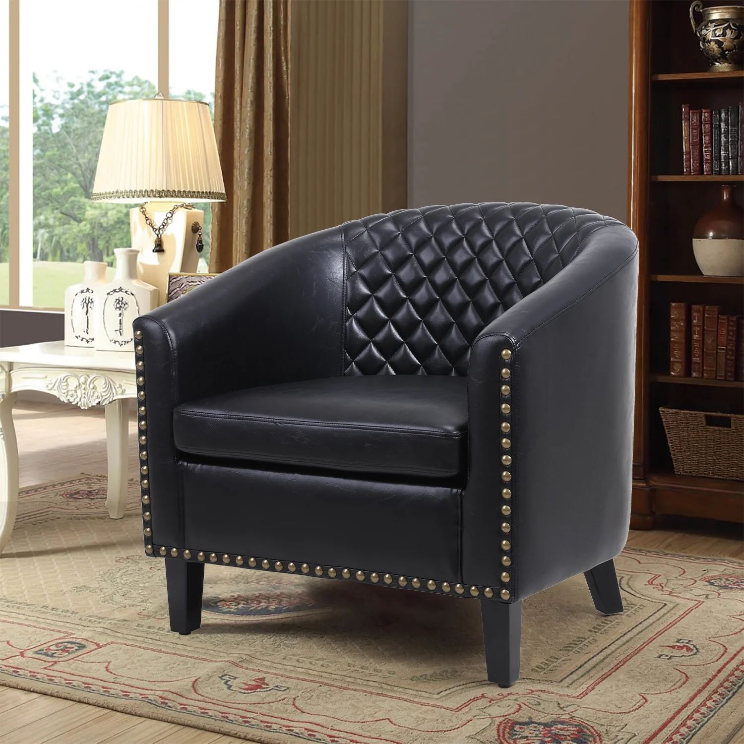 accent Barrel chair living room chair with nailheads and solid wood legs Black pu leather | Walmart (US)