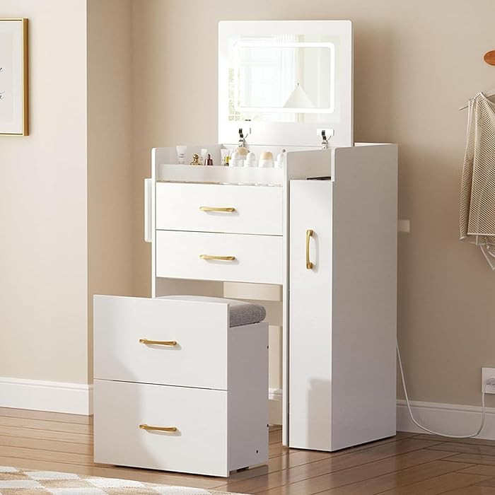Small Vanity Desk with Plip Top Mirror, Compact Vanity Set with Power Outlet, 3 in 1 Makeup Vanit... | Amazon (US)