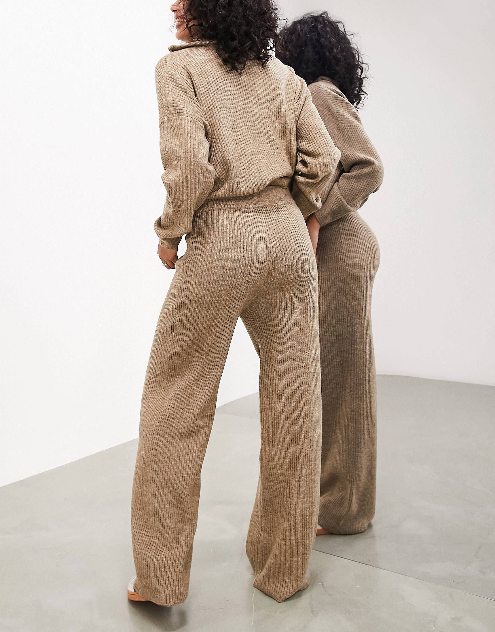 ASOS EDITION ribbed wide leg knit pants in taupe | ASOS (Global)
