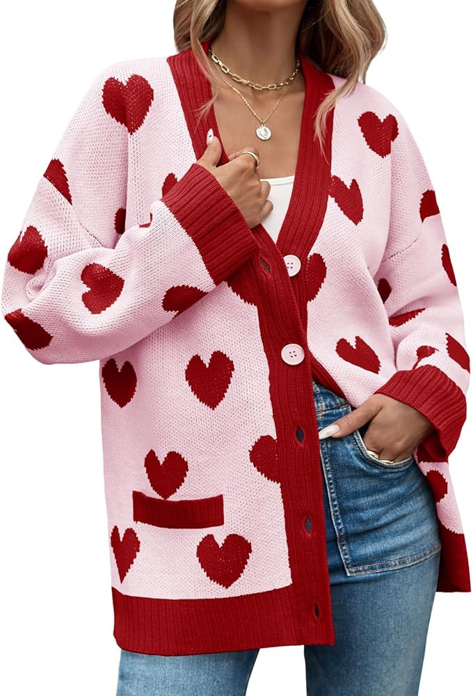 Saodimallsu Womens Oversized Heart Cardigan Color Block V Neck Button Long Sleeve Chunky Valentin... | Amazon (US)