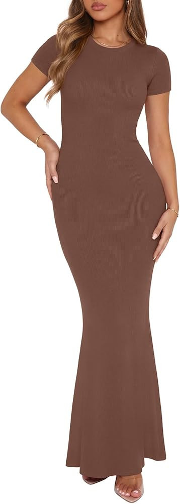 REORIA Women's Basic Summer Casual Lounge Long Dress Elegant Short Sleeve Crew Neck Bodycon Maxi ... | Amazon (US)