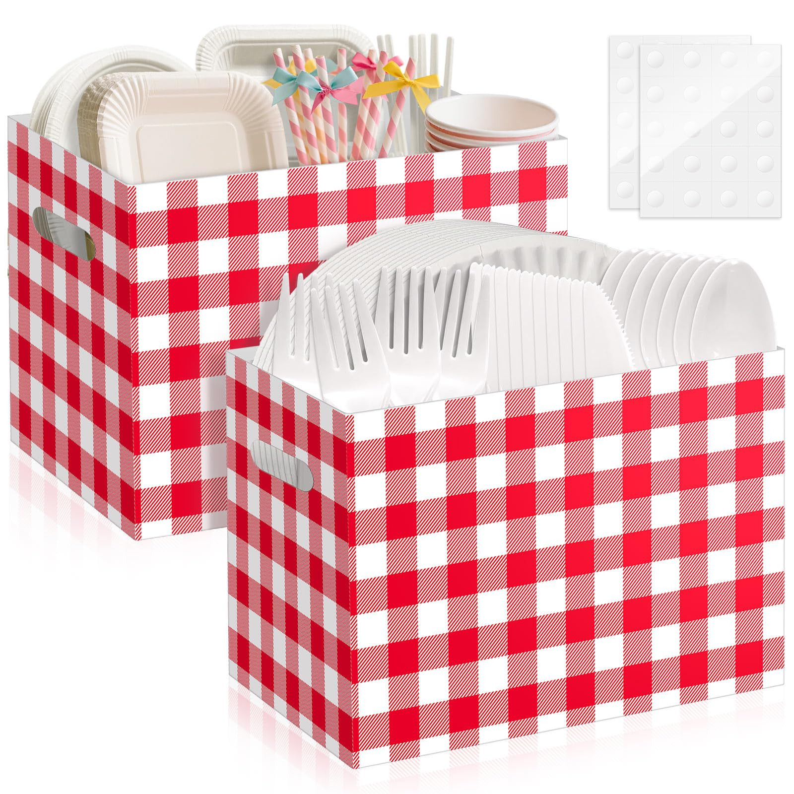 2PCS Red Gingham Utensil Holder Paper Utensil Caddy for Gingham Party Supplies Disposable Cutlery... | Amazon (US)