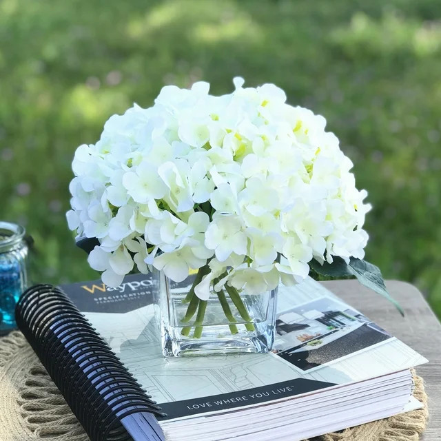 Enova Home Artificial Silk Cream Hydrangea in Cube Glass Vase, 7 Steams Fake Hydrangea Flower wit... | Walmart (US)