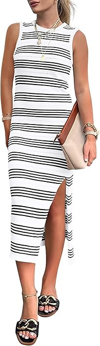 PRETTYGARDEN Summer Dresses for Women 2026 Casual Sleeveless Hollow Out Knit Side Slit Striped Be... | Amazon (US)