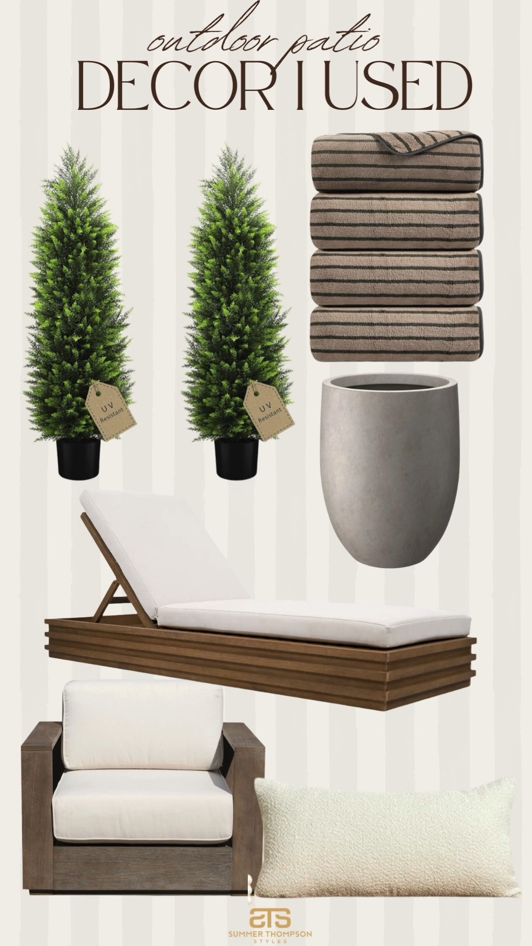 Outdoor decor I used for my home! 

Patio. Outdoor furniture. Lounge chairs. Concrete planter. Topiaries.  Outdoor entertaining. Modern home  

#LTKSeasonal #LTKHome #LTKFindsUnder100