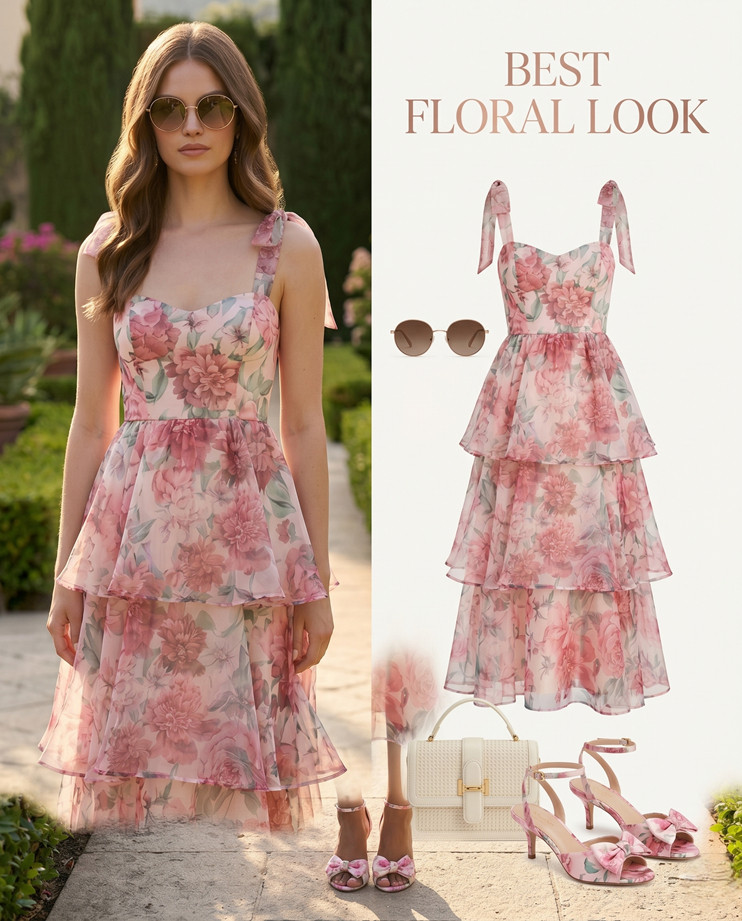 The ultimate romantic floral look for all your spring and summer events! 🌸✨ I am completely obsessed with the tiered details on this midi dress—it has such a beautiful, effortless movement to it. I styled it with a textured woven bag (loving the gold hardware details!) and the sweetest matching bow heels. Whether you're heading to a garden party, a bridal shower, or a summer wedding, this feminine fit is an absolute dream. 

 #LTKgrwm #LTKSeasonal #LTKTravel