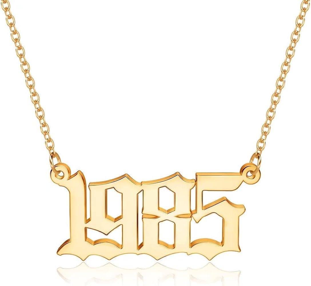 M MOOHAM Birth Year Necklace for Women, 18K Gold Plated Old English Birth Year Number Pendant Nec... | Amazon (US)