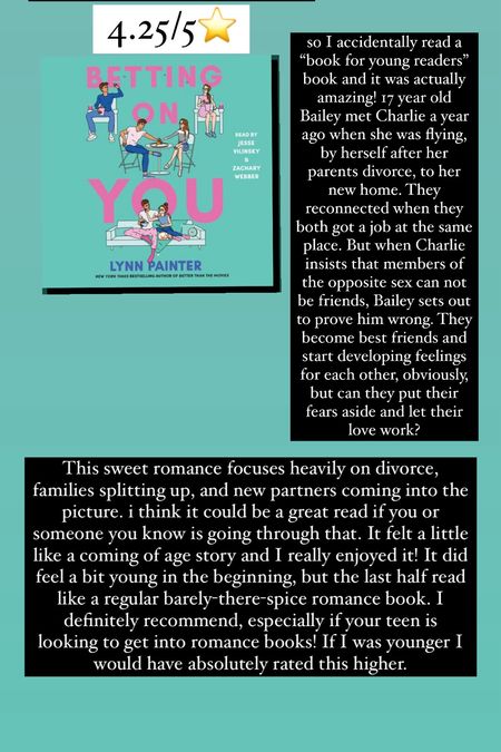 61. Betting on You by Lynn Painter :: 4.25/5⭐️so I accidentally read a “book for young readers” and it was actually amazing! 17 year old Bailey met Charlie a year ago when she was flying, by herself after her parents divorce, to her new home. They reconnected when they both got a job at the same place. But when Charlie insists that members of the opposite sex can not be friends, Bailey sets out to prove him wrong. They become best friends and start developing feelings for each other, obviously, but can they put their fears aside and let their love work? This sweet romance focuses heavily on divorce, families splitting up, and new partners coming into the picture. i think it could be a great read if you or someone you know is going through that. It felt a little like a coming of age story and I really enjoyed it! It did feel a bit young in the beginning, but the last half read like a regular barely-there-spice romance book. I definitely recommend, especially if your teen is looking to get into romance books! If I was younger I would have absolutely rated this higher. 


#LTKHome #LTKTravel