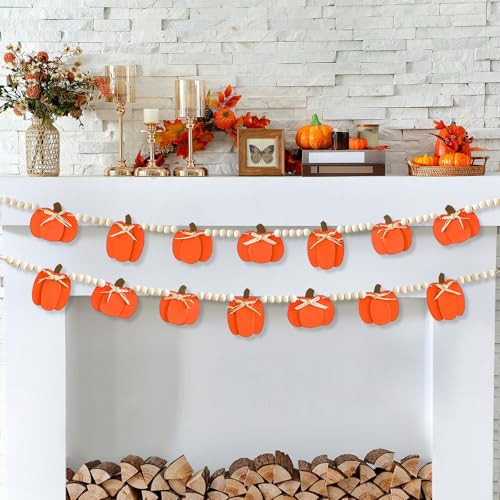 8.2 ft Fall Decor Wooden Beads Garland with Pumpkin Fall Tiered Tray Decorations for Home Pumpkin Wood Beads Hanging Banner Thanksgiving Farmhouse Decor for Halloween Home Fireplace Autumn Hanging | Amazon (US)