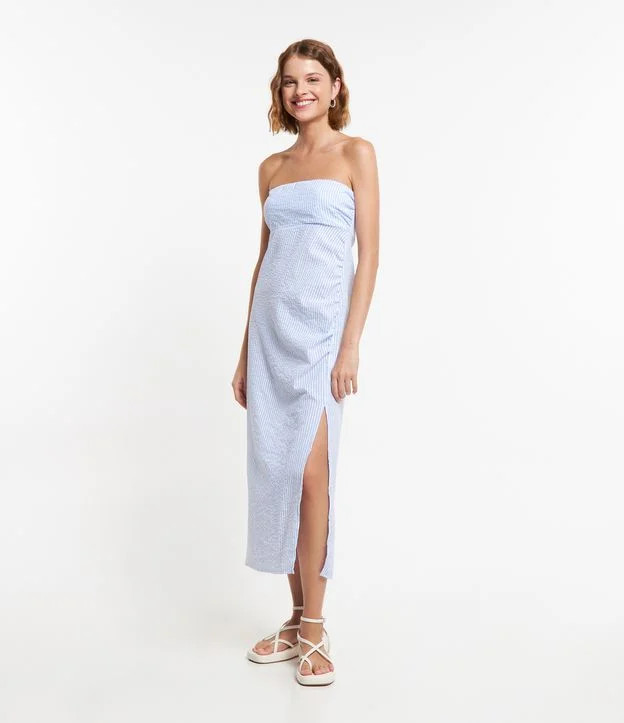 Vestido Longo em Tricoline Drapeado e com Listras em Fio Tinto Azul | Renner (BR)
