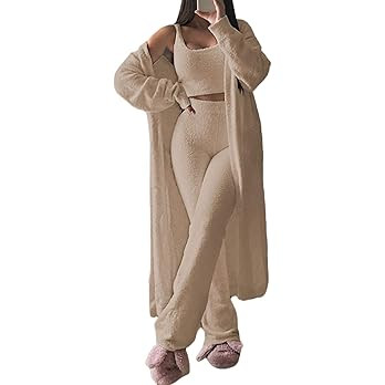 Fixmatti Women's Fuzzy 3 Piece Sweatsuit Open Front Cardigan Crop Tank Tops Wide Legs Pants Loung... | Amazon (US)