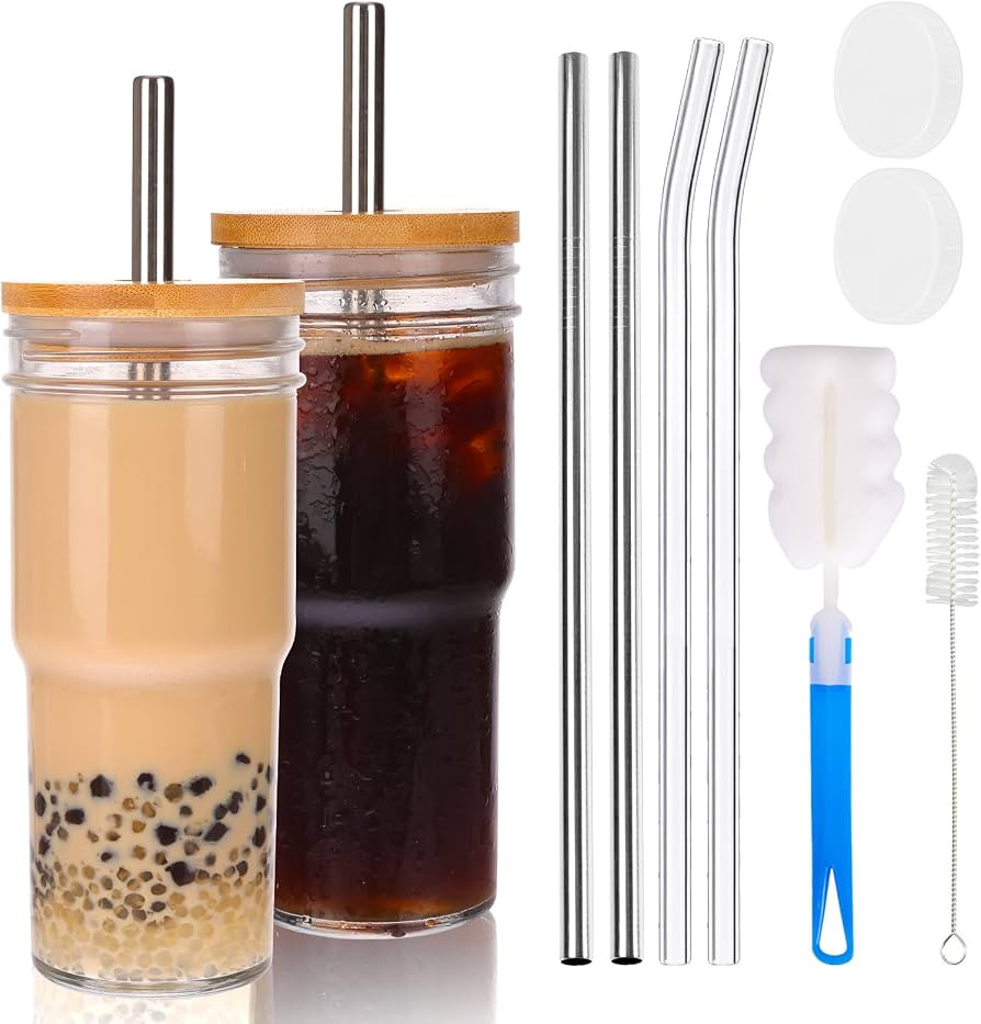 Moretoes 2PCS 24oz Glass Cups with Lids and Straws, Glass Iced Coffee Cups Cute Travel Tumbler Cu... | Amazon (US)