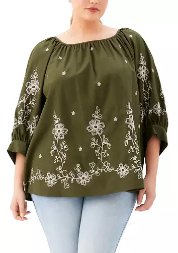 Plus Size Embroidered Blouson Sleeve Top | Belk