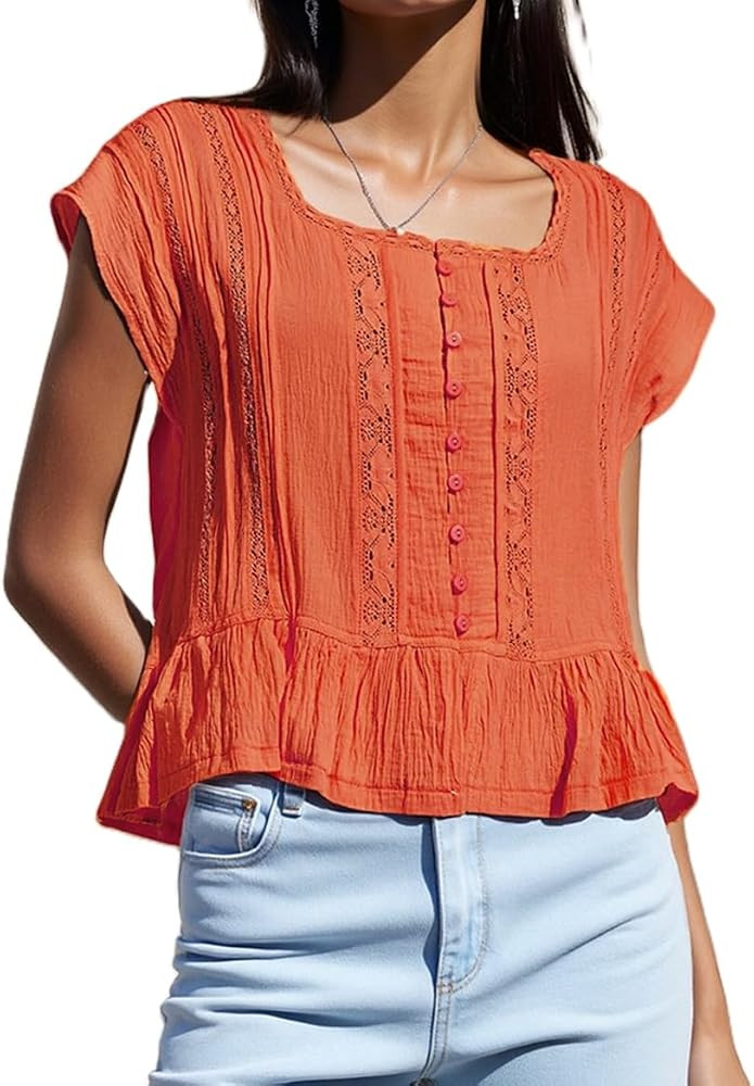 Women Pleated Crop Tank Boho Lace Tie Front Sleeveless Semi Sheer Blouse | Amazon (US)