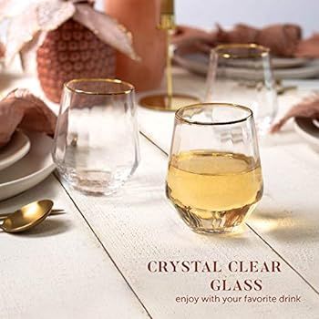 24K Gold-Rimmed Stemless 15.5 Oz. Wine Glasses – Set of 4 – Lead-Free Crystal Glassware + Stopper fo | Amazon (US)