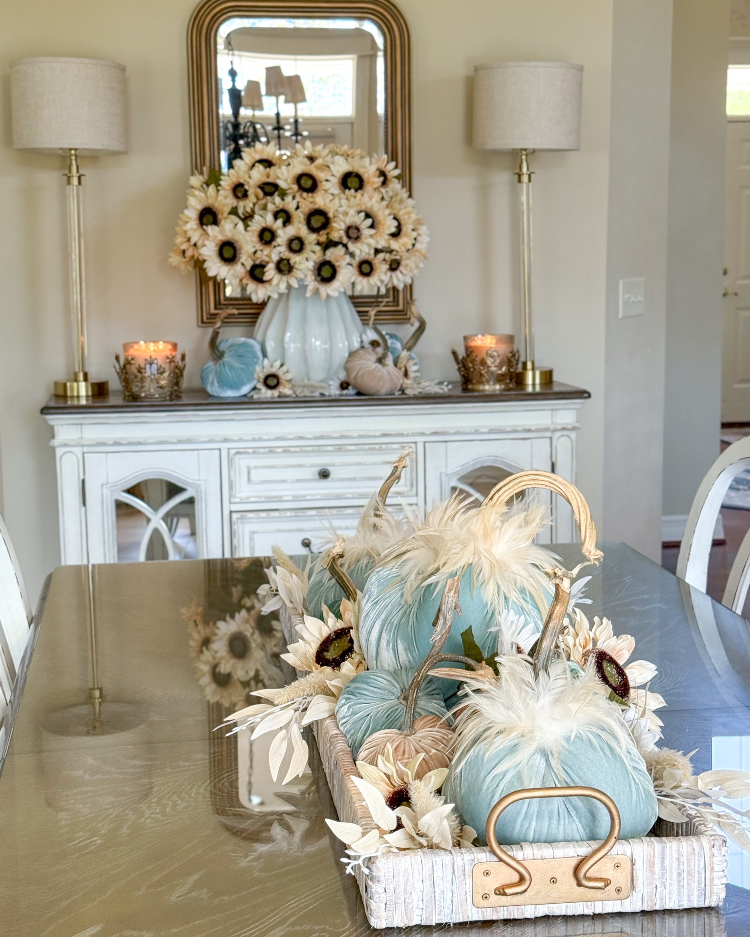 More views of my fall kitchen 🩵🍂🤍 

@Voluspa @Wayfair @Target @hotskwash @Michaels 

Fall centerpiece ideas, woven tray, velvet pumpkins, white sunflowers, ivory sunflowers, sunflower arrangement, fall arrangement, voluspa candles, fall dining room, fall kitchen ideas, fall stems, gold mirror

#LTKSeasonal #LTKHome #LTKSaleAlert