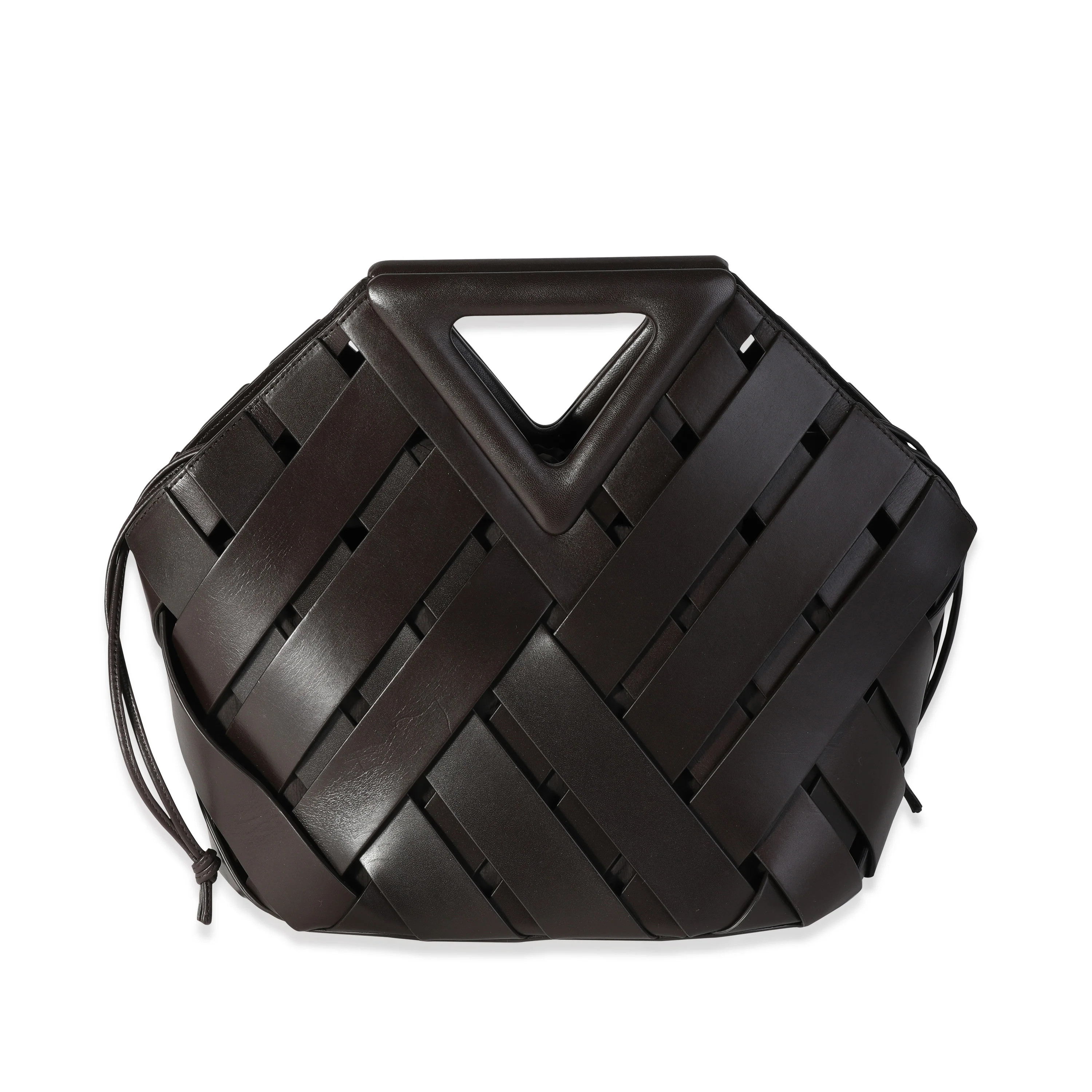 Dark Brown Leather V Woven Drawstring Tote Bag | myGemma