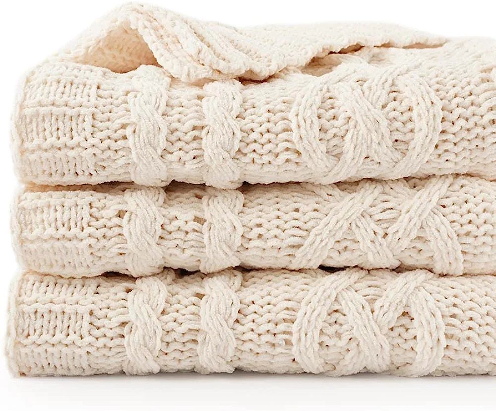 Battilo Cream White Ivory Throw Blanket for Couch, 51x 67 Inch, Woven Chenille Knit Throw Blanket... | Amazon (US)